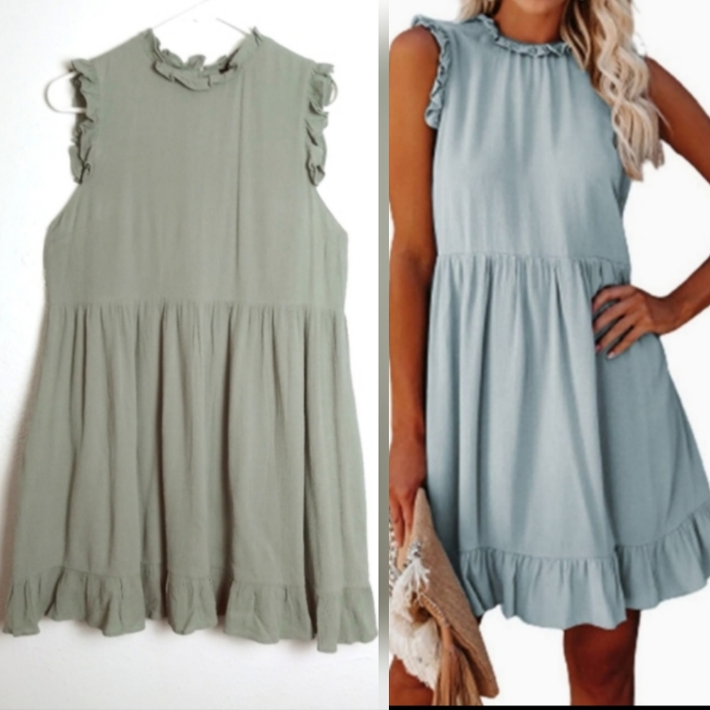 Wishlist Earthy Green Ruffled Waisted Dress Keyhole Women's Size S Casual